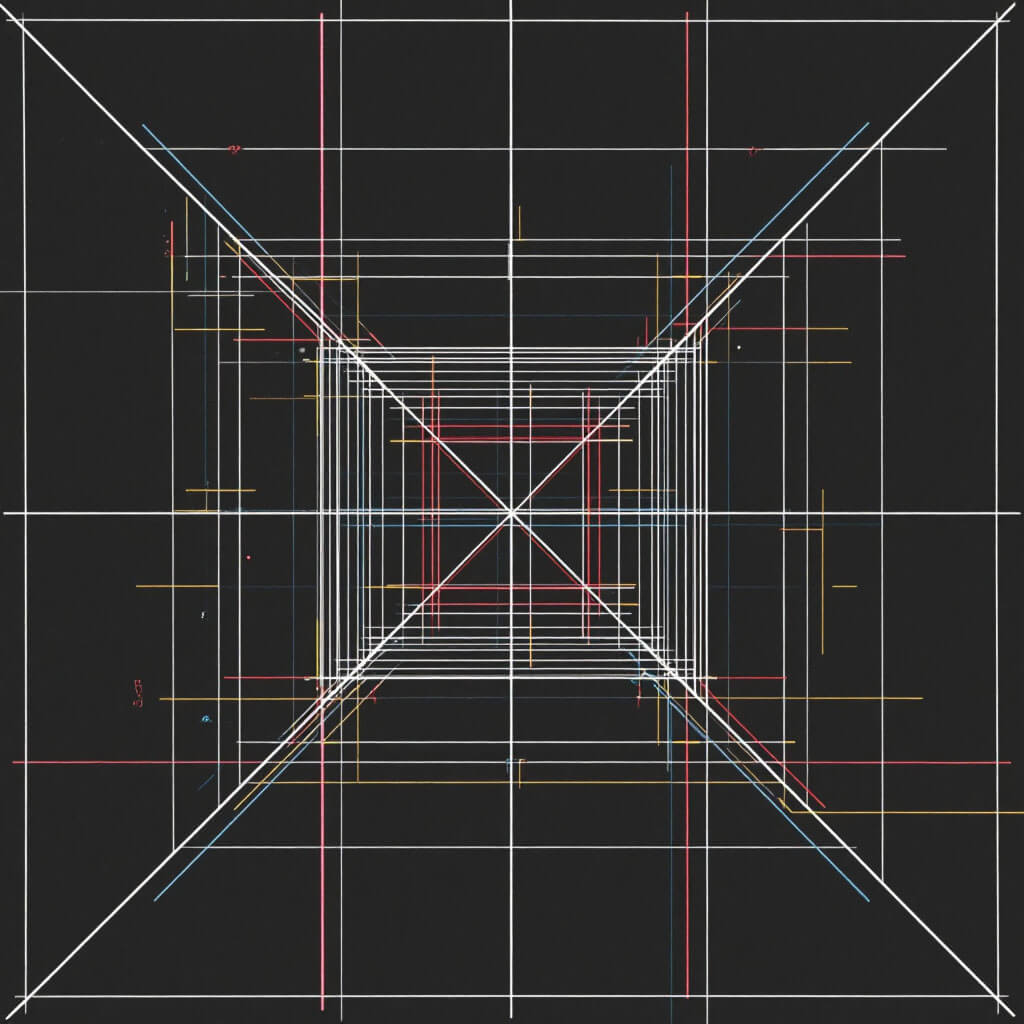 Abstrakte Matrixstruktur mit überlagerten Rastern, Kartenfeldern und Verbindungslinien auf dunklem Hintergrund; analytisches, bauhaus-orientiertes Design mit Akzenten in Rot, Blau und Gelb
